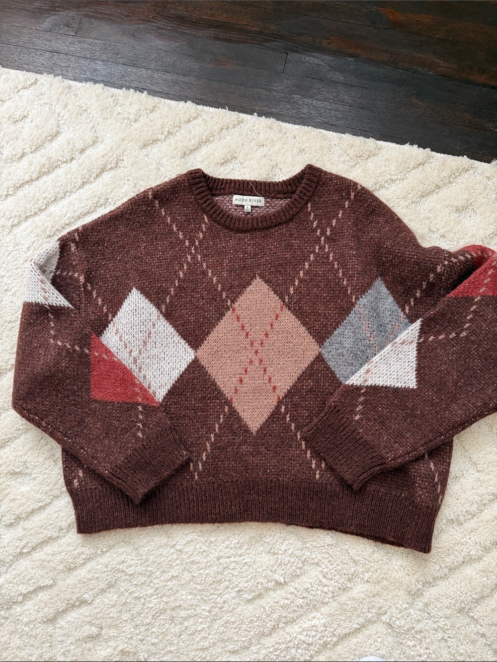 Moon River Maroon Brown Argyle Crewneck Sweater